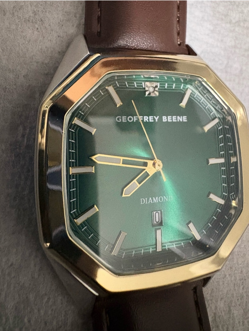 Geoffrey Beene Gold-Tone Bezel Green Dial Watch with Brown Strap